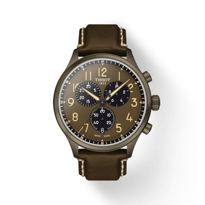 Tissot watch with brown leather strap on a white background