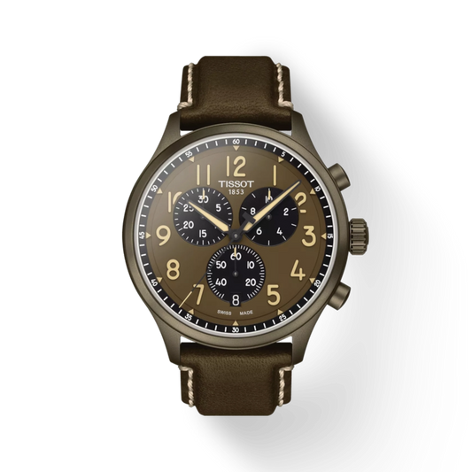 Tissot watch with brown leather strap on a white background