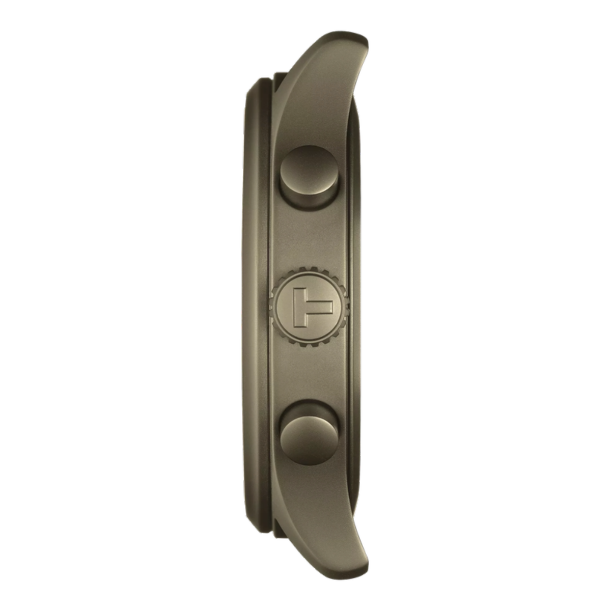 Metallic watch strap with brand logo on a white background