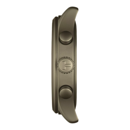Metallic watch strap with brand logo on a white background