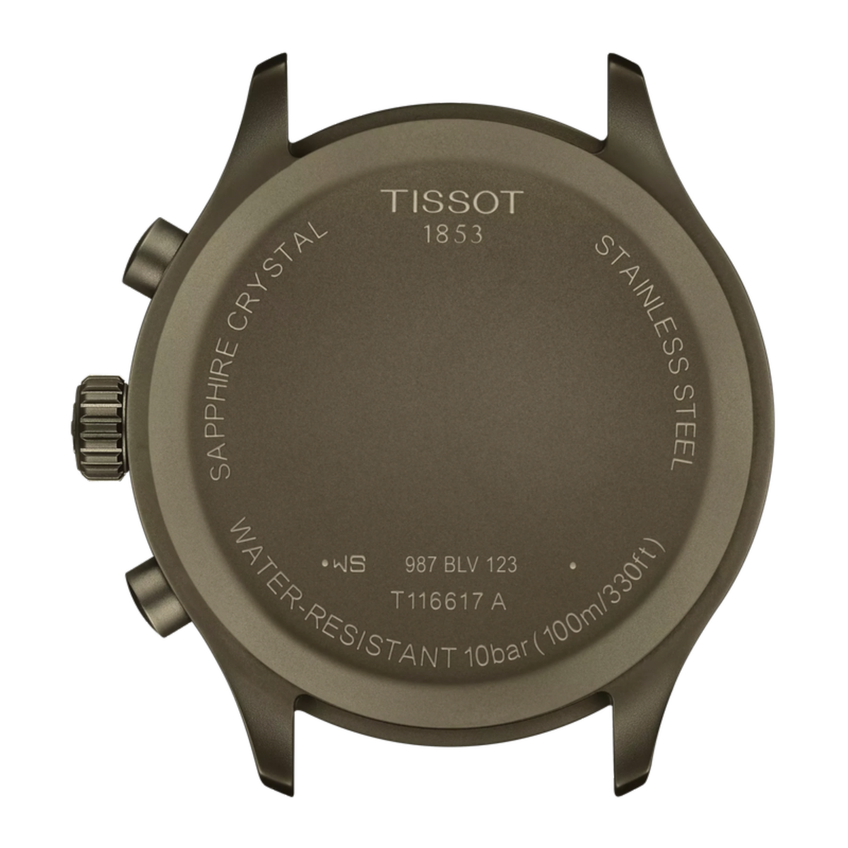 Back view of a Tissot watch with branding and specifications.