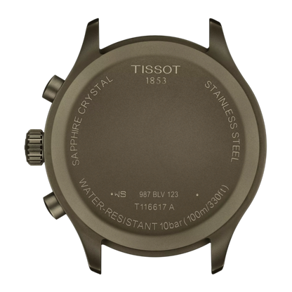 Back view of a Tissot watch with branding and specifications.