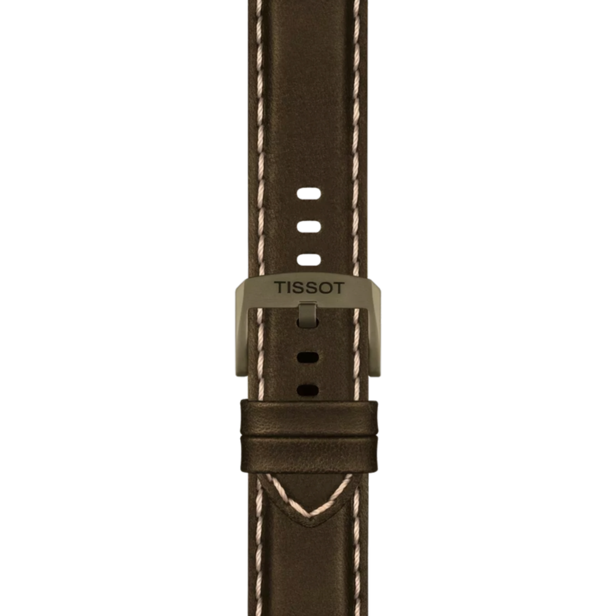 Brown leather watch strap with Tissot logo on a white background