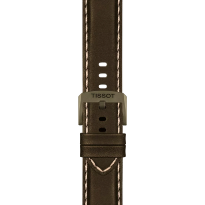 Brown leather watch strap with Tissot logo on a white background