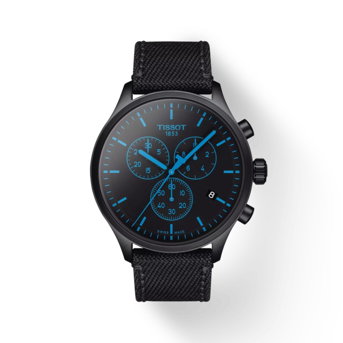 Tissot watch with black strap and blue dial on a white background