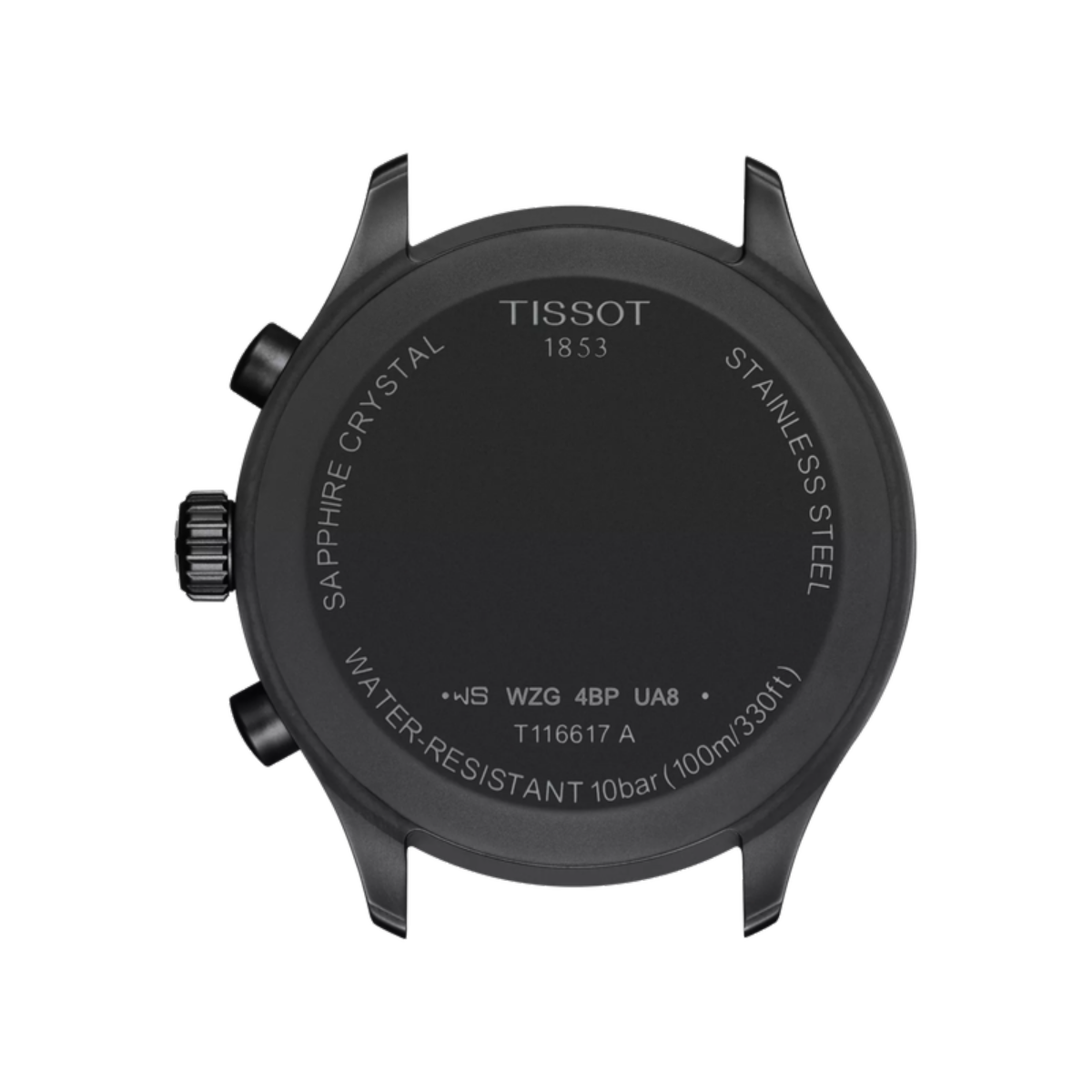 Back view of a Tissot watch with branding and technical details on a white background
