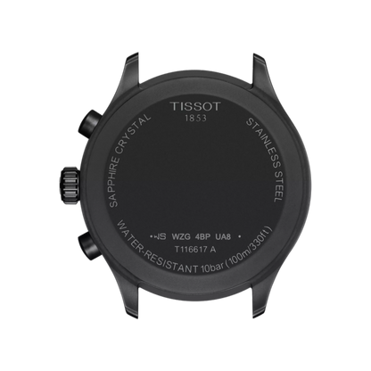 Back view of a Tissot watch with branding and technical details on a white background