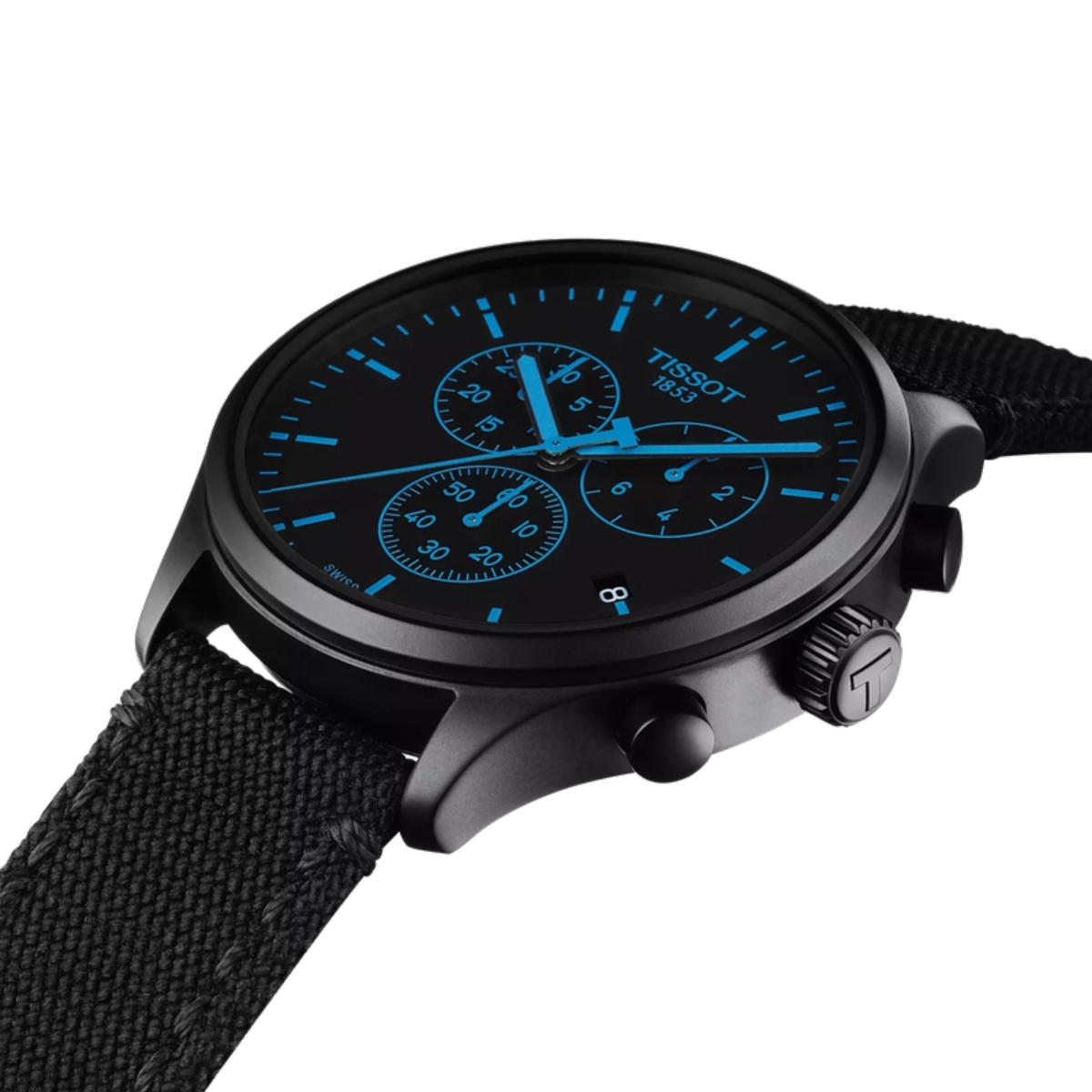 Black watch with blue dial on a white background