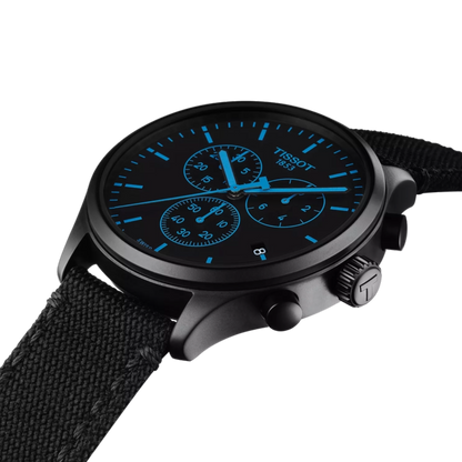 Black watch with blue dial on a white background