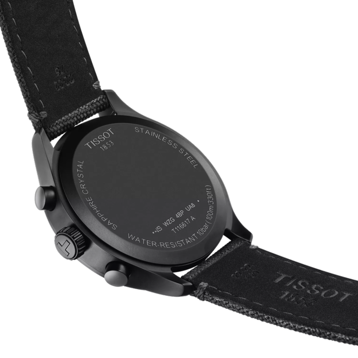 Black Tissot watch with detailed case back on a white background