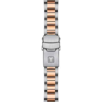 Two-tone watch strap with silver and rose gold design on a white background