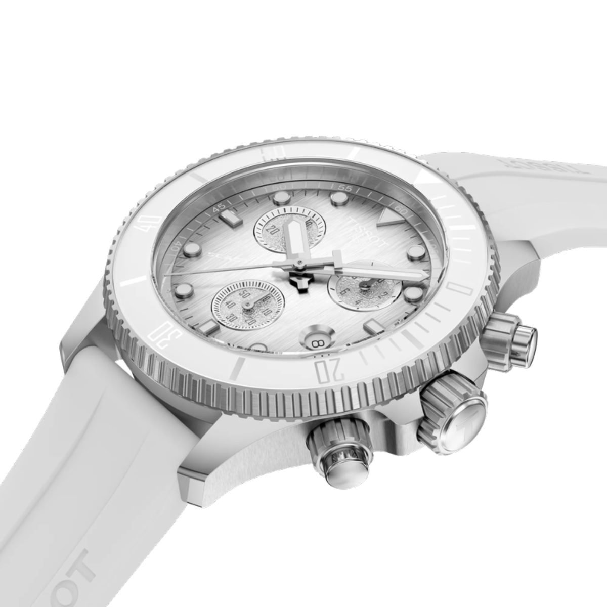 White watch with silver case and detailed face on a white background