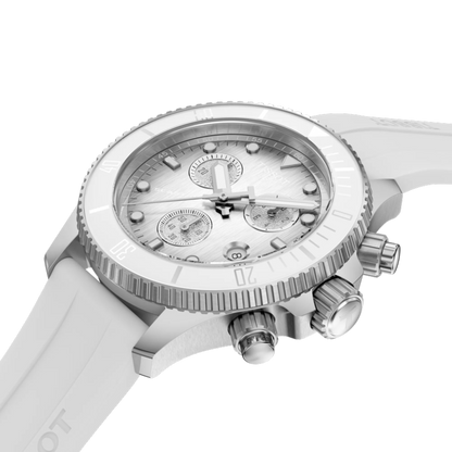 White watch with silver case and detailed face on a white background