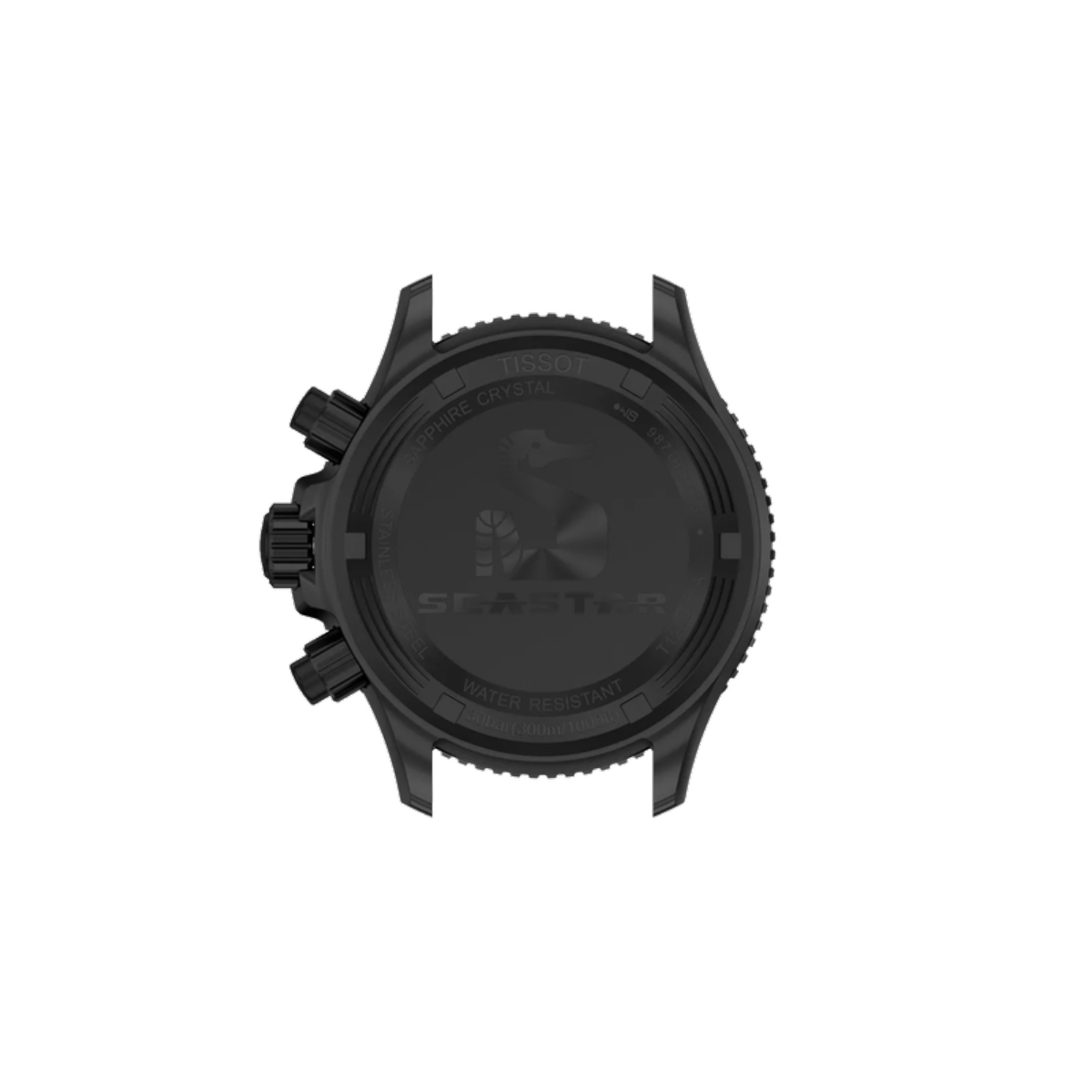 Black watch case with brand logo on a white background