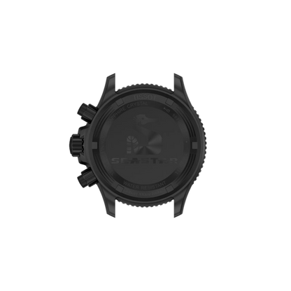 Black watch case with brand logo on a white background