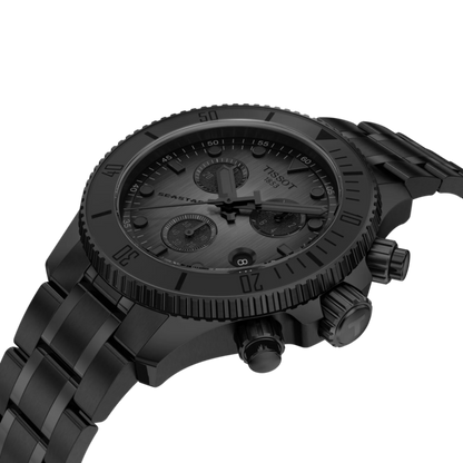 Black Tissot watch with detailed face on a white background