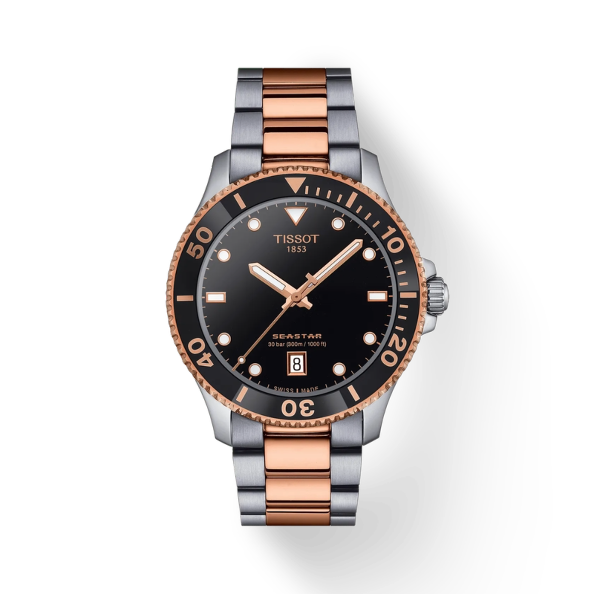Tissot watch with black dial and rose gold accents on a white background