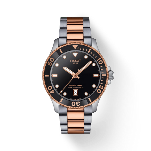 Tissot watch with black dial and rose gold accents on a white background