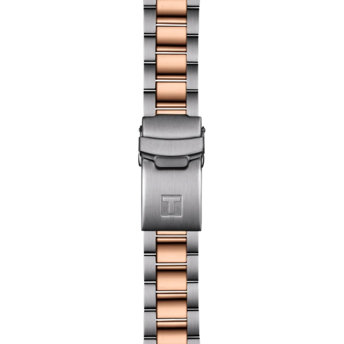 Two-tone watch strap with rose gold and silver links on a white background