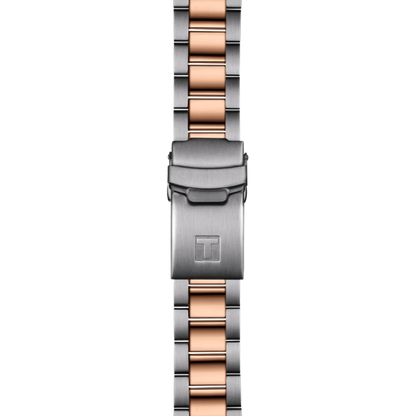 Two-tone watch strap with rose gold and silver links on a white background