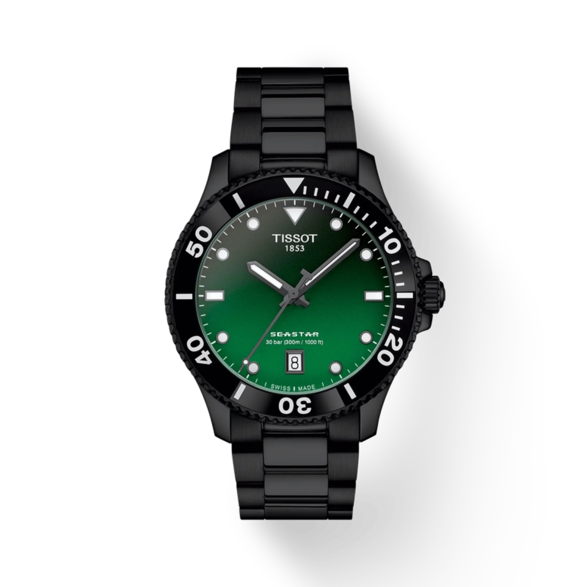 Black Tissot watch with green dial on a white background