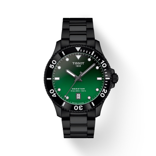 Black Tissot watch with green dial on a white background