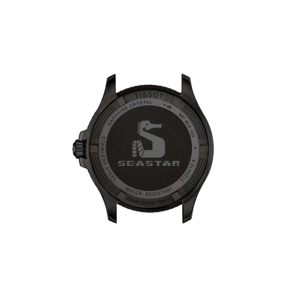 Black Tissot Seastar watch back on a white background