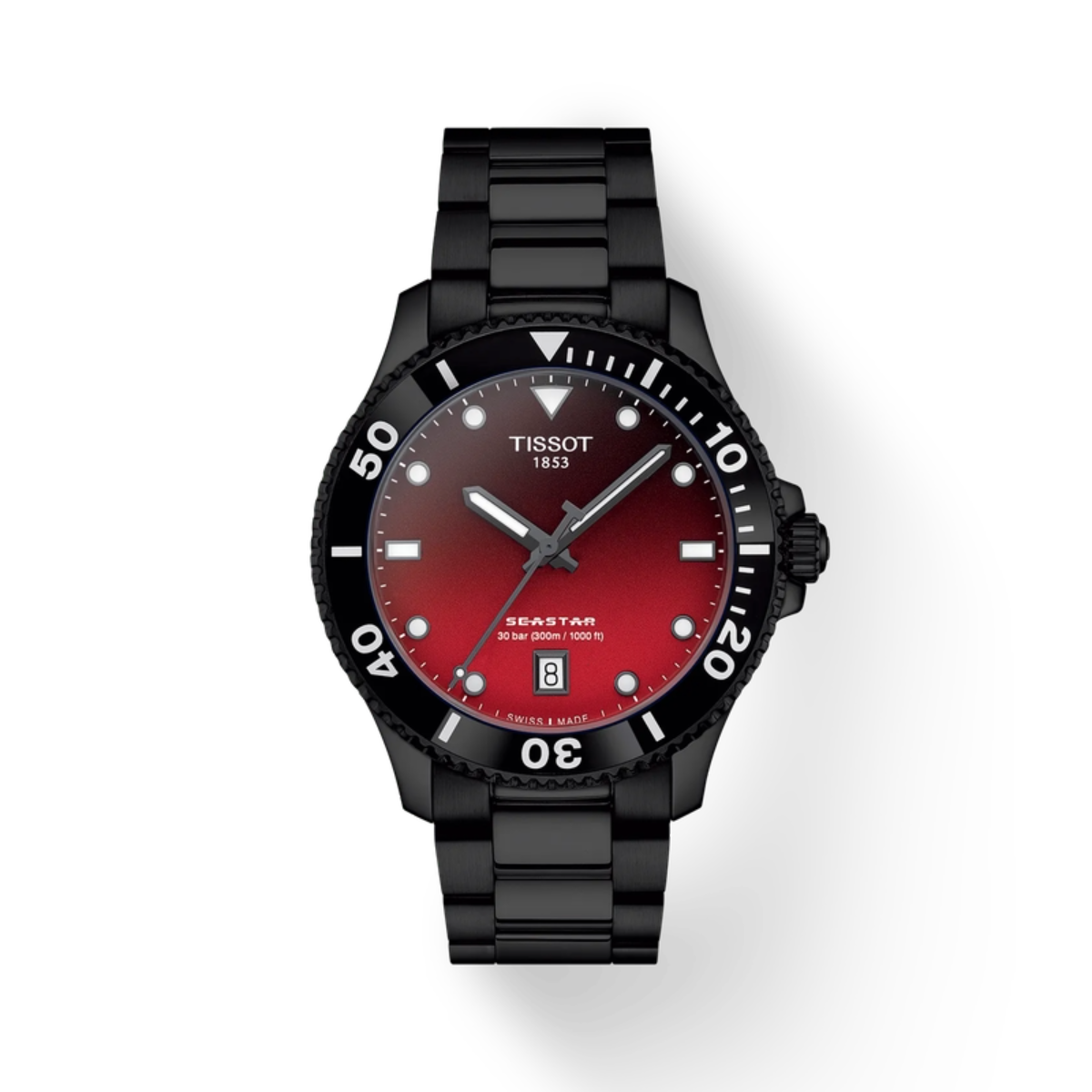 Tissot watch with black strap and red dial on a white background