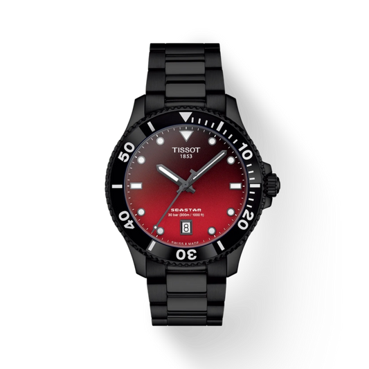 Tissot watch with black strap and red dial on a white background