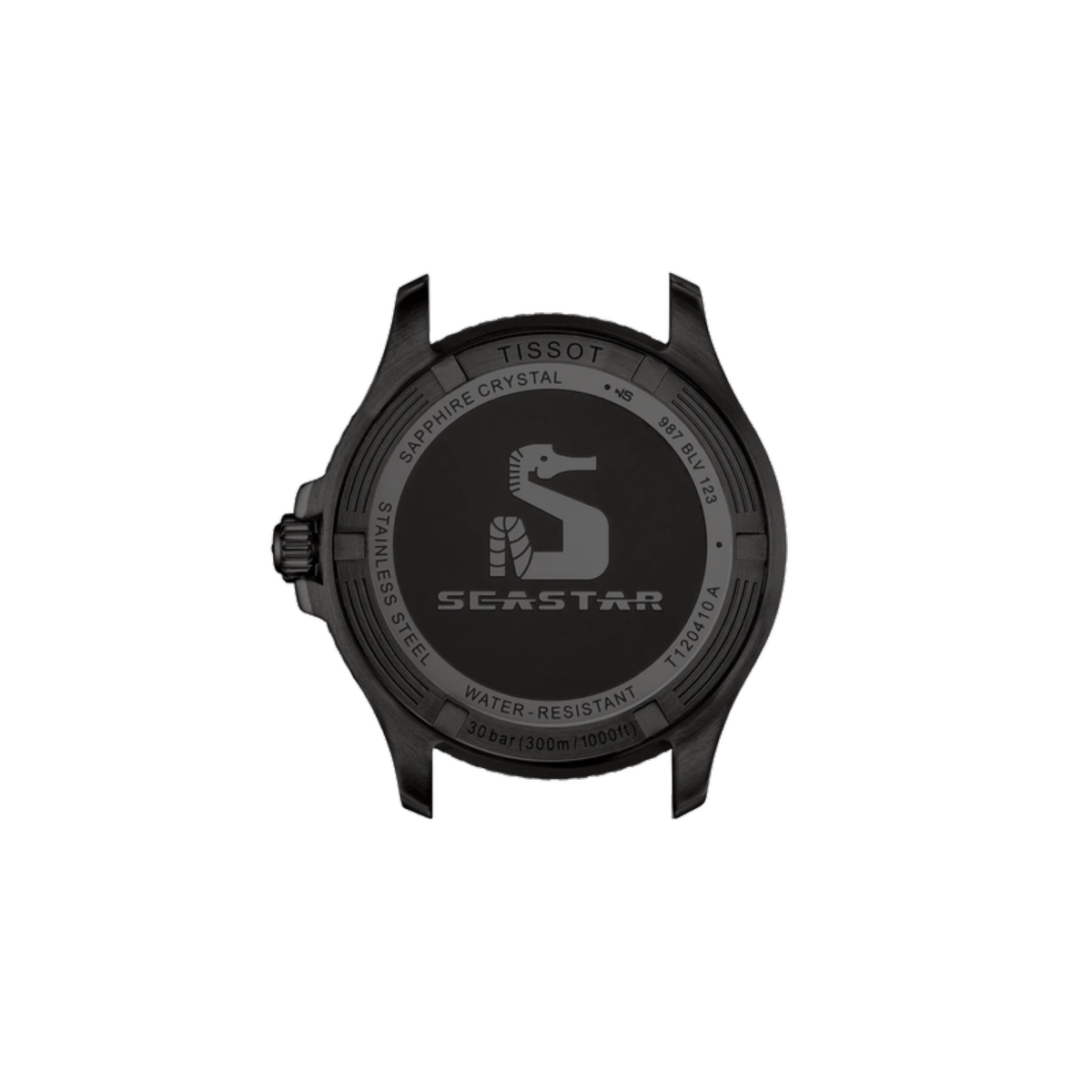 Black Tissot watch with Seastar logo on a white background
