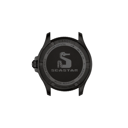 Black Tissot watch with Seastar logo on a white background
