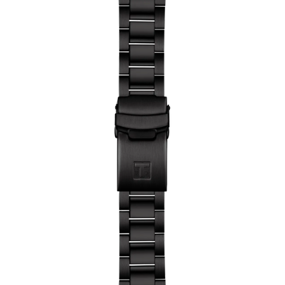 Black metal watch strap on a white background