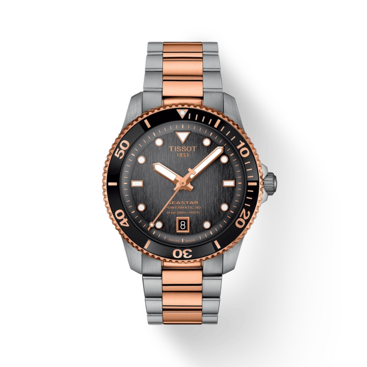 Tissot watch with rose gold and silver band on white background