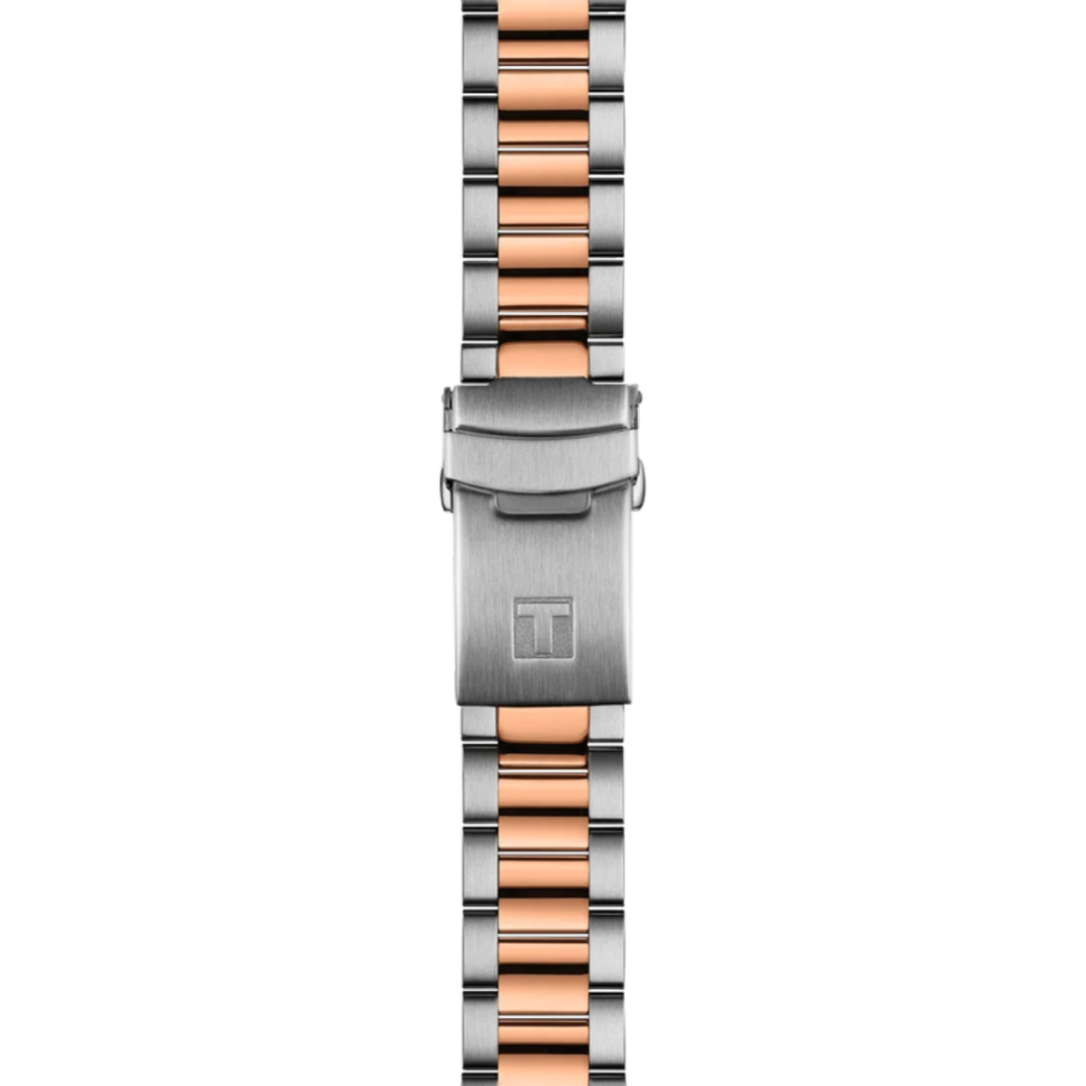 Two-tone watch strap with silver and rose gold colors on a white background