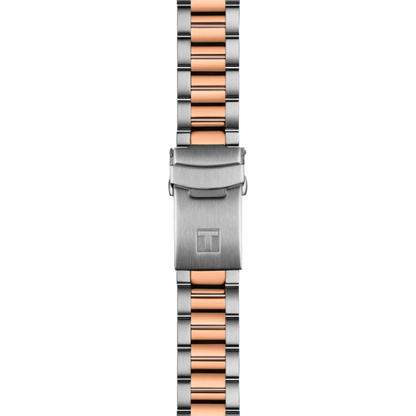 Two-tone watch strap with silver and rose gold colors on a white background