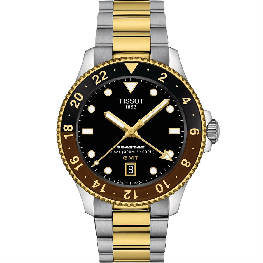 A Tissot Seastar 1000 Quartz GMT watch with a black dial, gold stainless steel bracelet, and silver case.