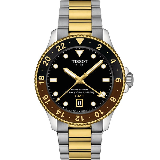 A Tissot Seastar 1000 Quartz GMT watch with a black dial, gold stainless steel bracelet, and silver case.