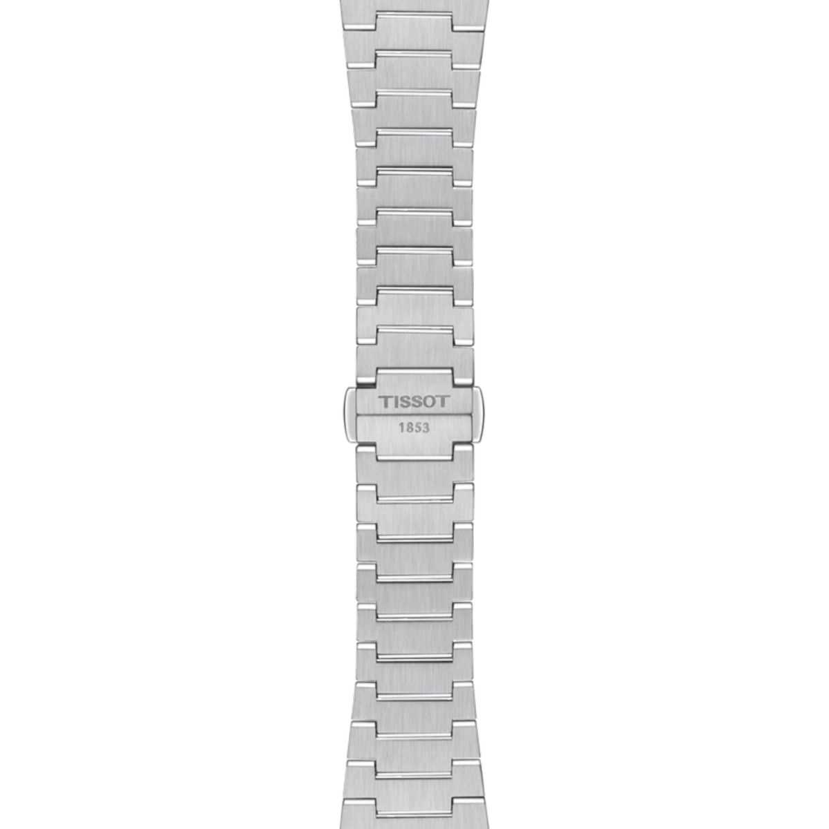 Stainless steel watch strap with Tissot logo on a white background