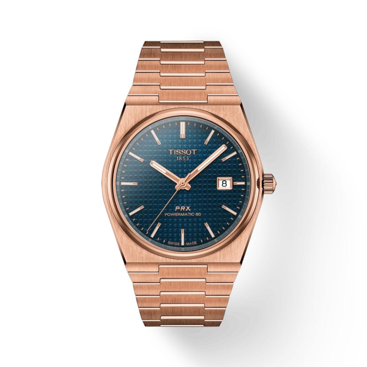 Rose gold Tissot watch with blue dial on a white background