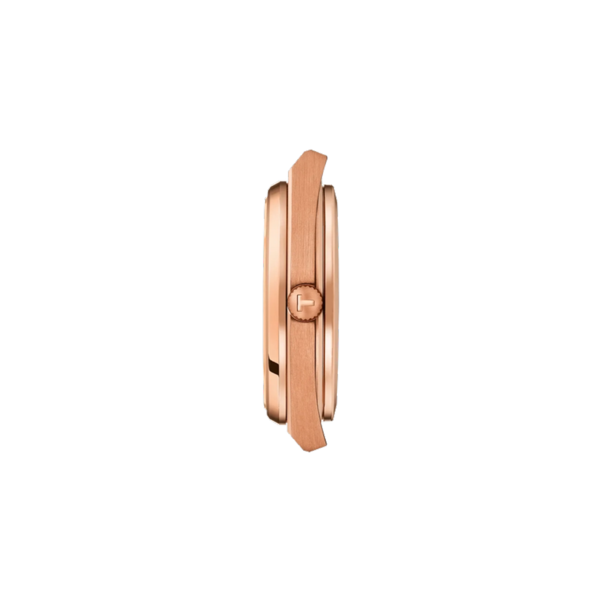 Rose gold watch case on a white background