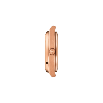 Rose gold watch case on a white background