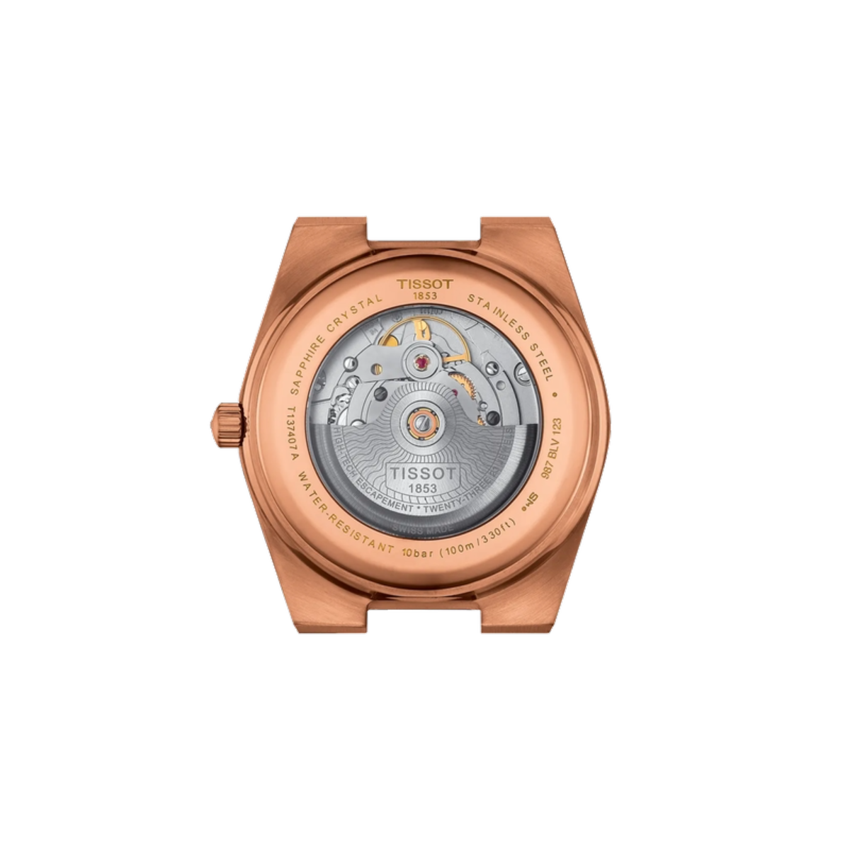 Rose gold Tissot watch caseback on a white background