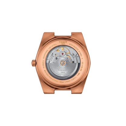Rose gold Tissot watch caseback on a white background