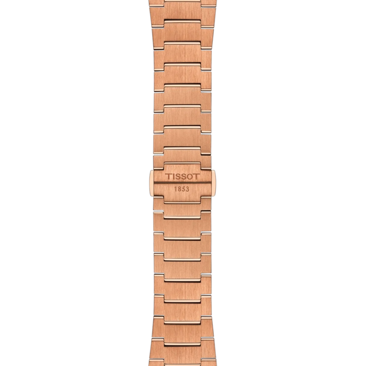 Rose gold watch strap with Tissot branding on a white background