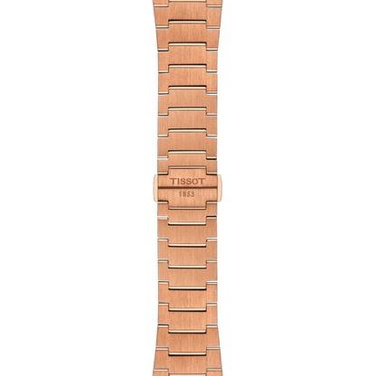 Rose gold watch strap with Tissot branding on a white background