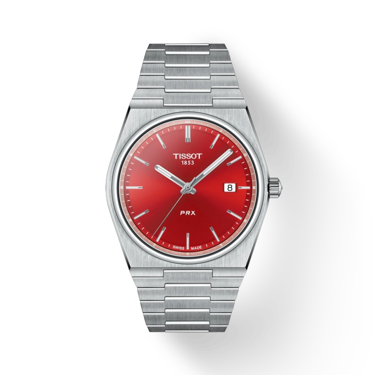 Tissot watch with red face and silver band on a white background