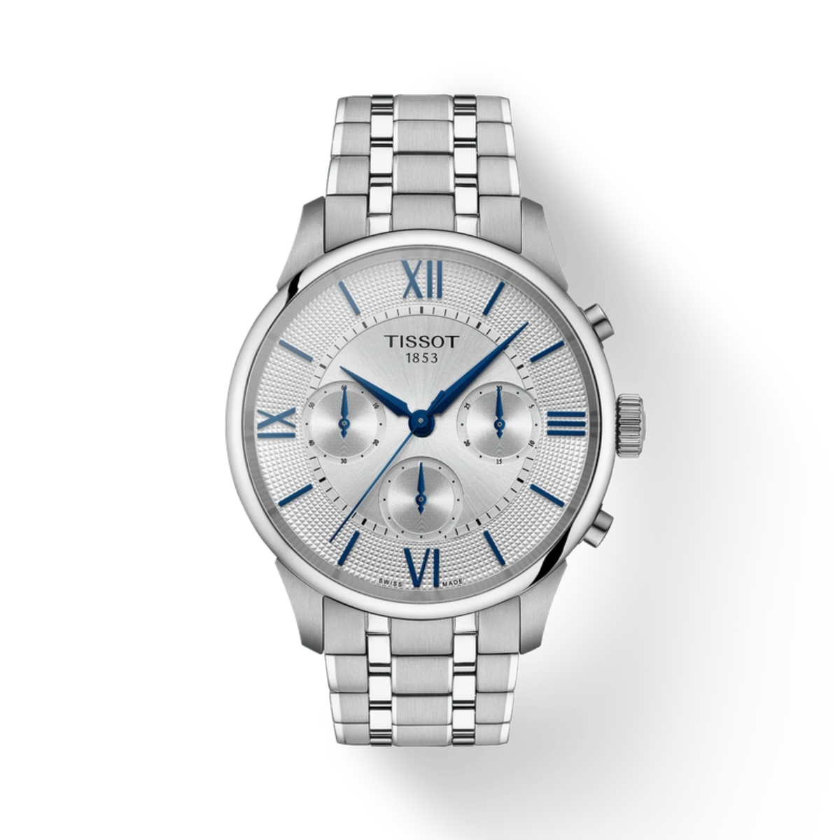Silver Tissot watch with blue hands on a white background