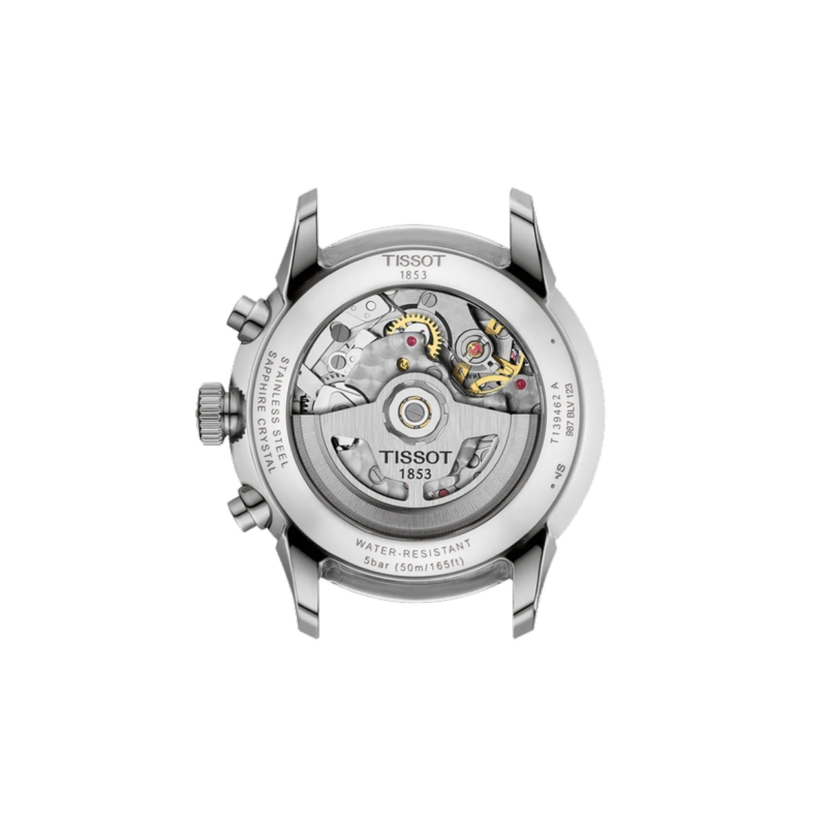 Tissot watch with visible mechanical components on a white background