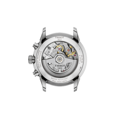Tissot watch with visible mechanical components on a white background