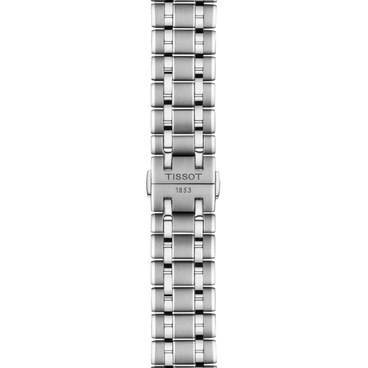 Silver watch bracelet with Tissot logo on a white background